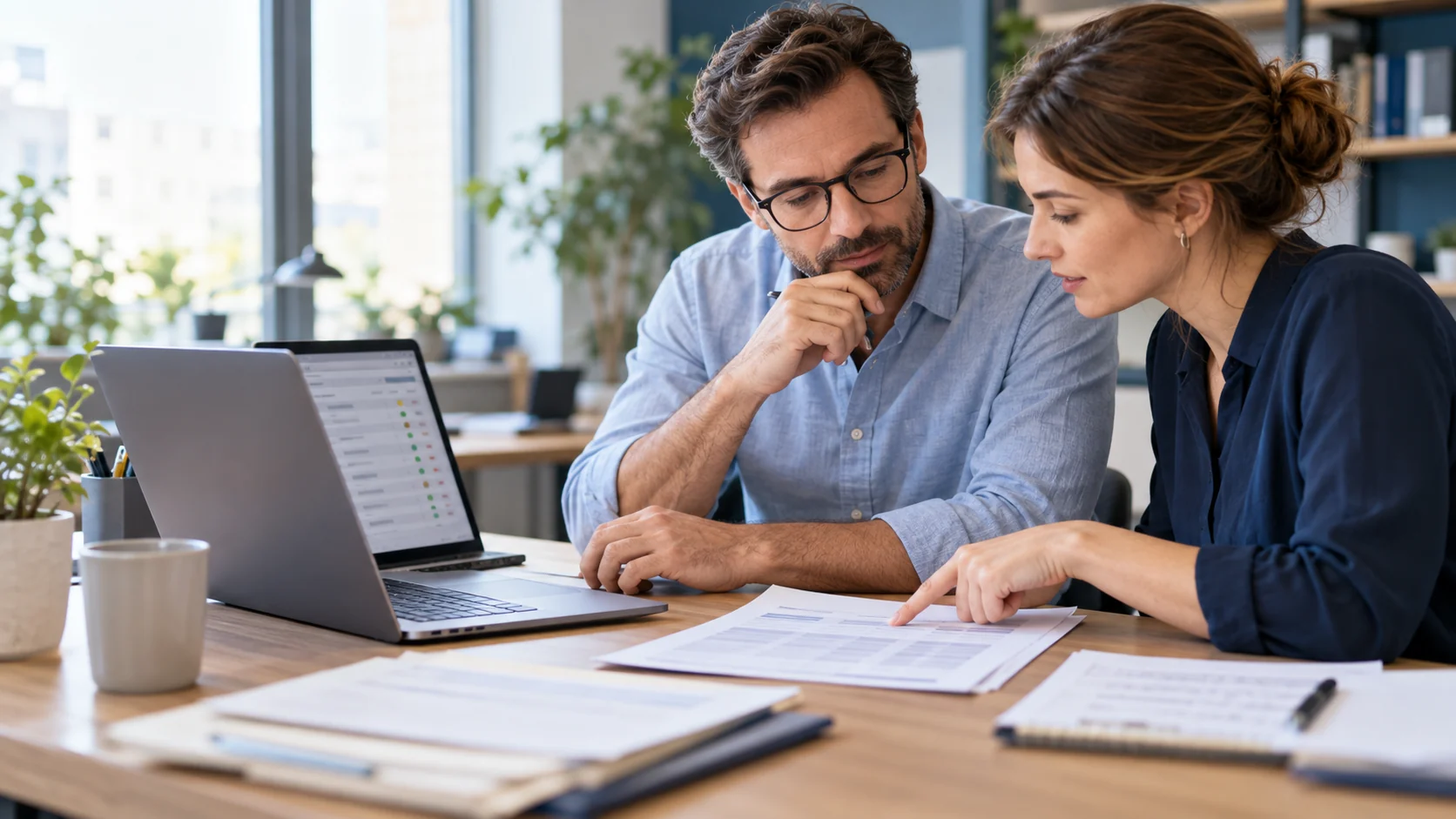 Dos profesionales de finanzas comparan una factura con los datos de un portátil en una mesa de oficina