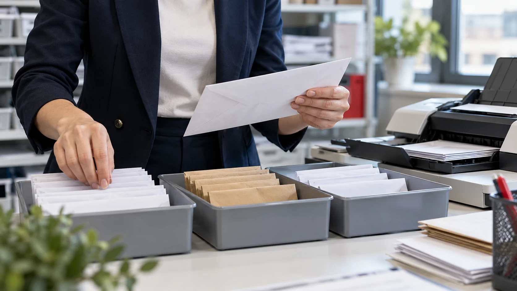 Una empleada organiza sobres en la unidad de correo de una empresa