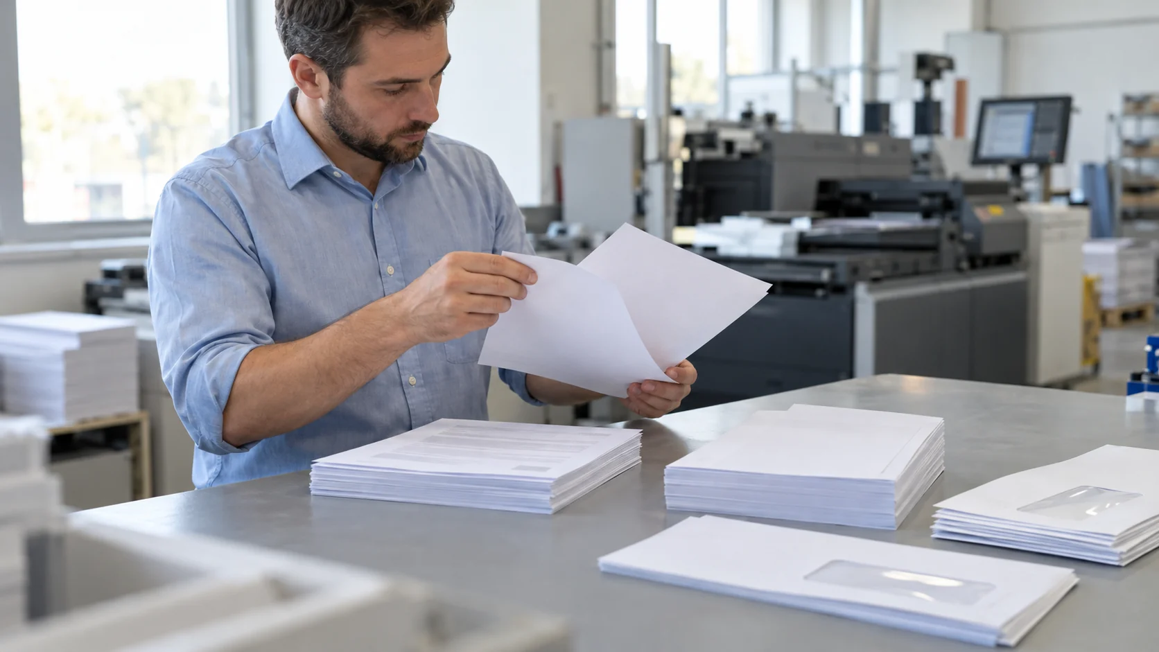 Trabajador de imprenta revisando el reverso de una hoja junto a juegos de documentos separados y sobres