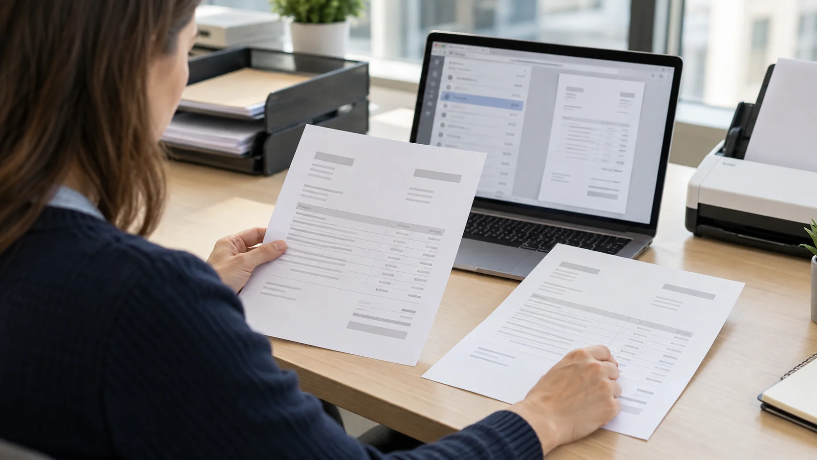 Una especialista de Accounts Payable compara dos copias de un documento con la cola de facturas en un portátil