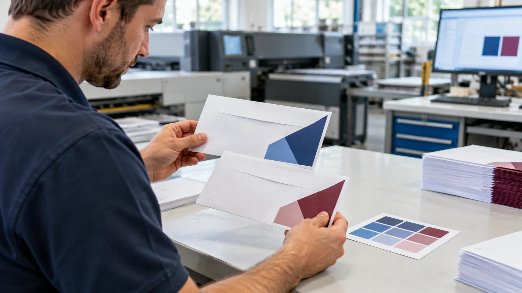 Un profesional de imprenta compara muestras de color y sobres corporativos en un puesto de preimpresión
