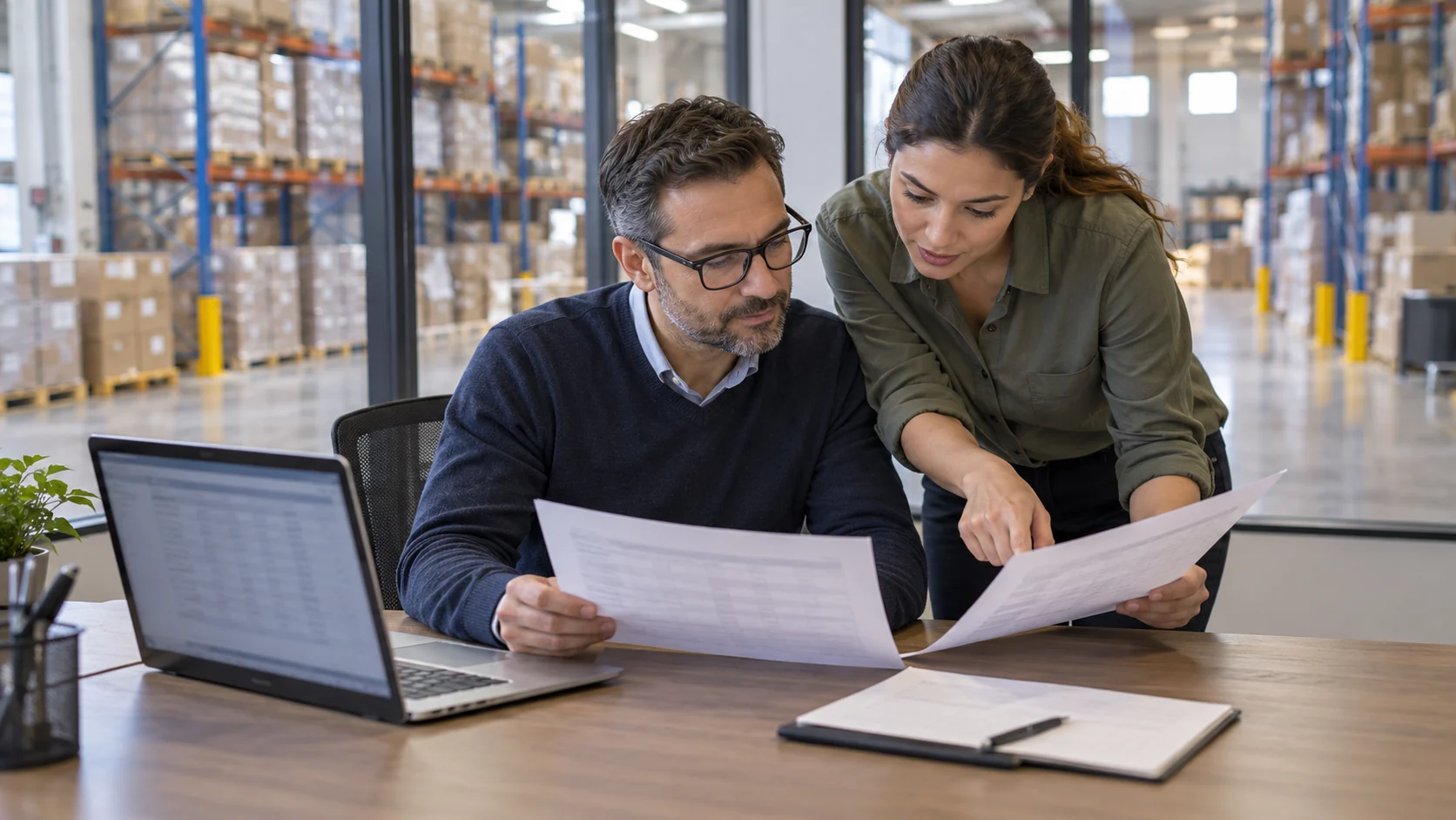 Analistas de datos de inventario comparan documentos de transferencia junto a un portátil en una oficina con vistas al almacén