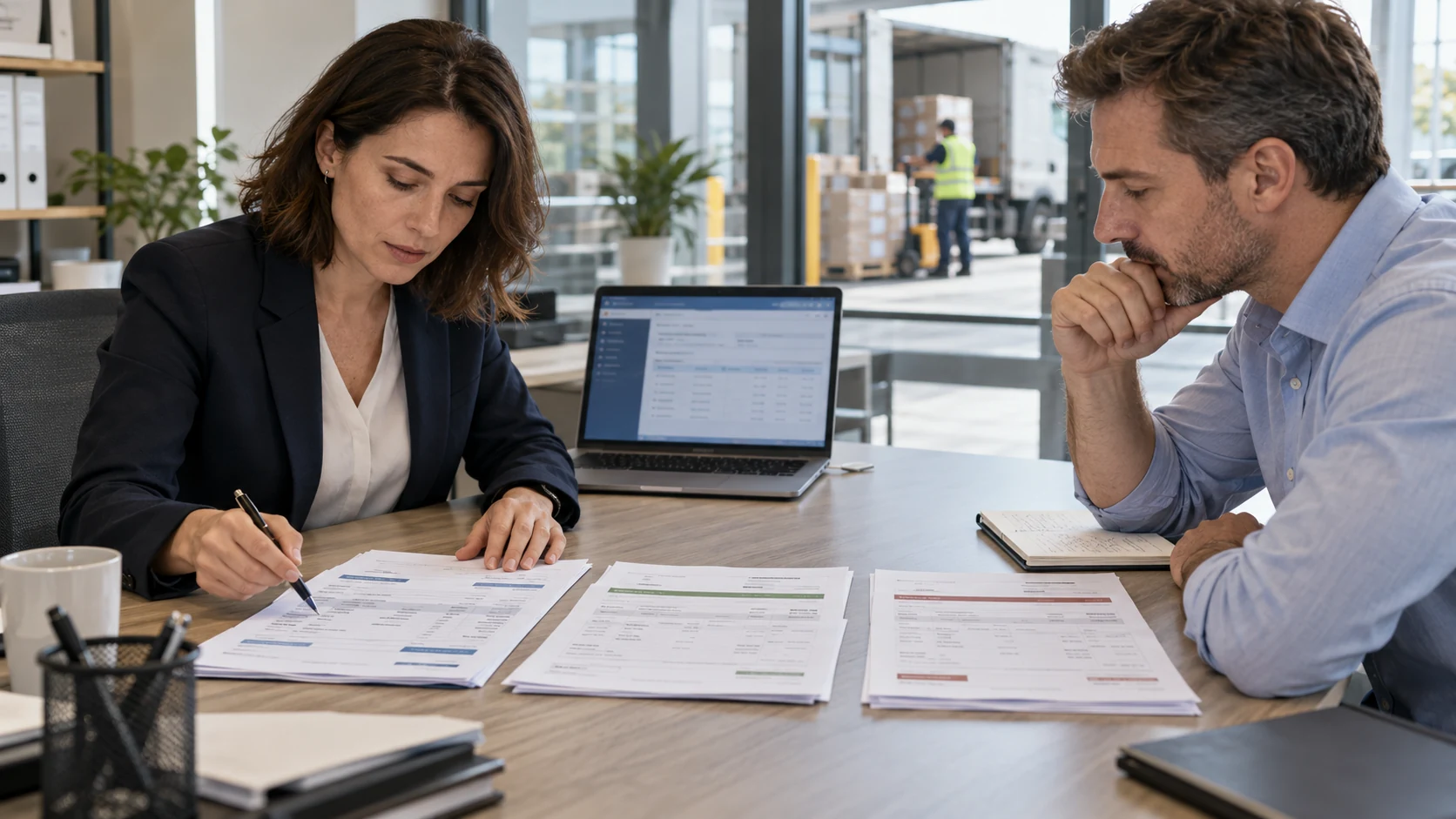 Especialistas de Accounts Payable comparan un pedido, una recepción y una factura junto a un portátil